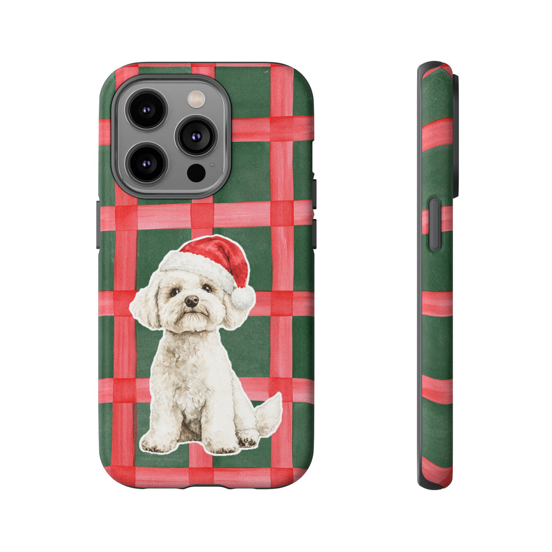 Maltese Christmas Tough iPhone Case, Red Green Plaid, Santa Dog Phone Cover