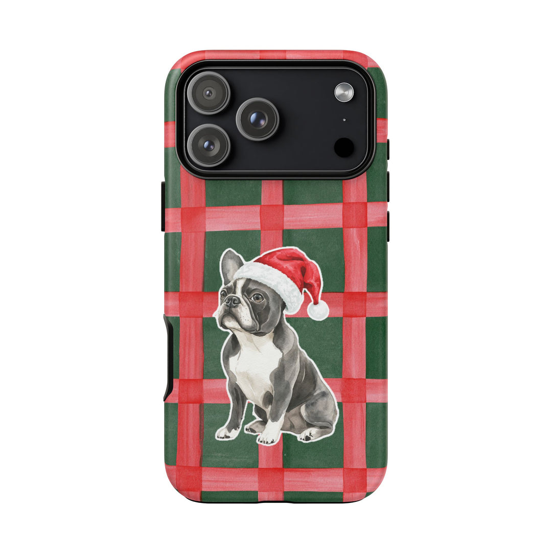 French Bulldog Christmas Tough iPhone Case, Red Green Plaid, Santa Dog Phone Cover