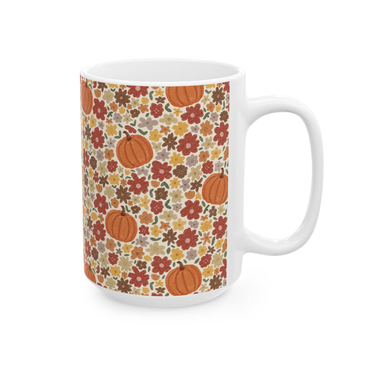 Fall Floral Pumpkin Ceramic Mug, Autumn Flower Coffee Cup, Cozy Cottage Thanksgiving Gift, 11oz and 15oz
