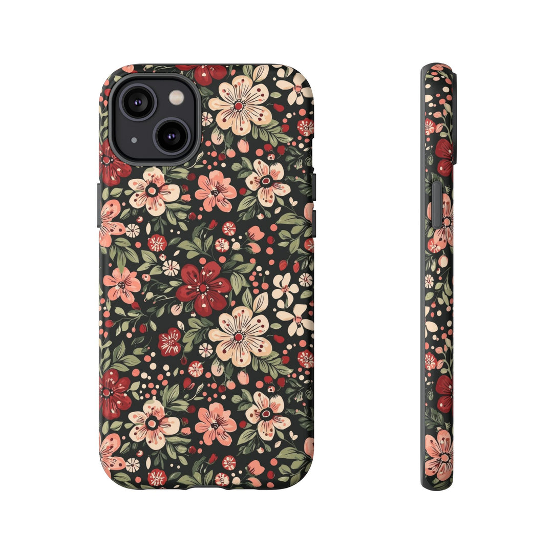 Retro Christmas Floral Tough iPhone Case, Dark Botanical Pink Red Flower Phone Cover, Matte or Glossy