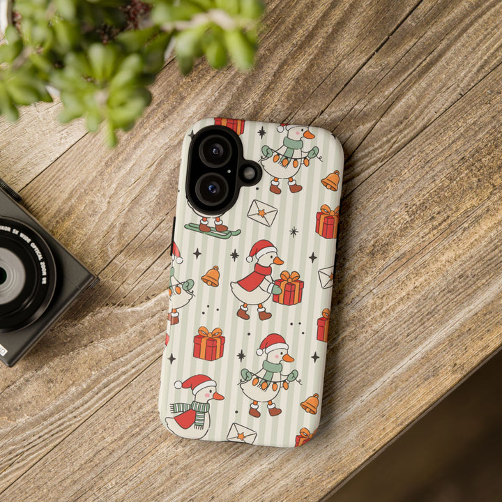 Christmas Goose Tough iPhone Case, Cute Holiday Geese Green Stripe Phone Cover, Matte or Glossy