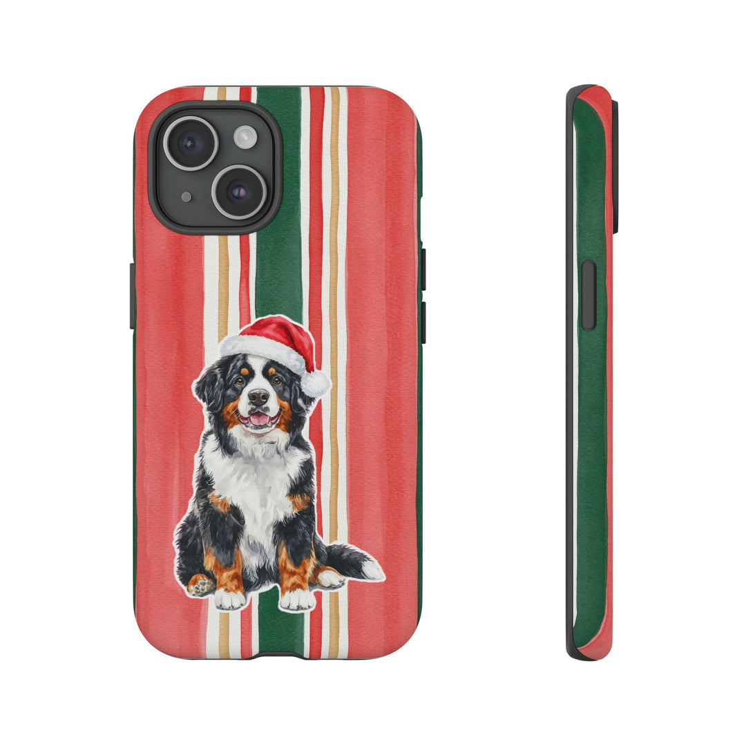 Bernese Mountain Dog Christmas Tough iPhone Case, Classic Red Green Stripes, Santa Dog Phone Cover
