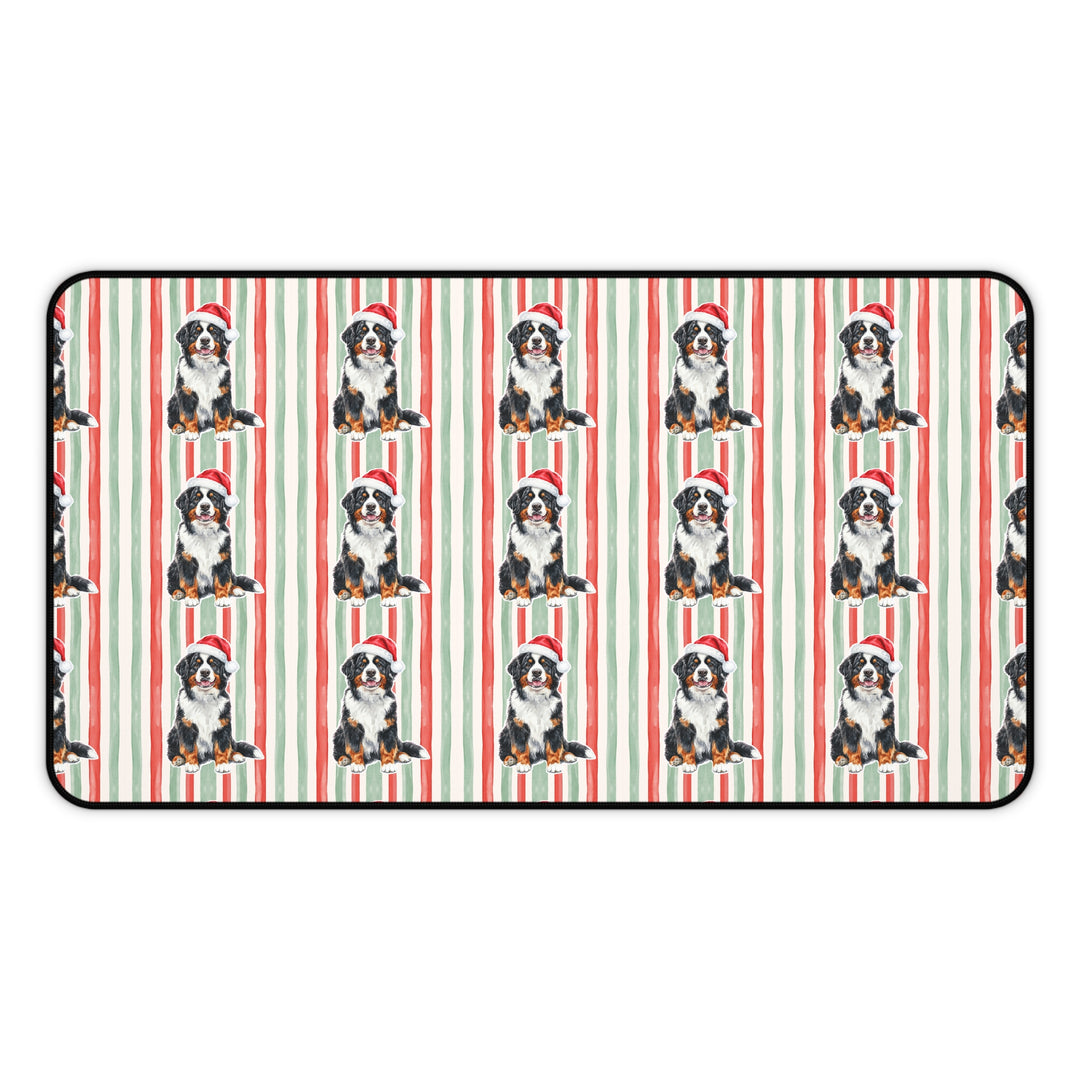 Bernese Mountain Dog Christmas Desk Mat, Red Sage Stripes, Santa Dog Desk Pad