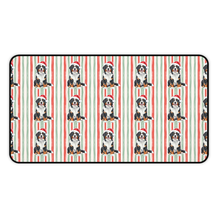 Bernese Mountain Dog Christmas Desk Mat, Red Sage Stripes, Santa Dog Desk Pad