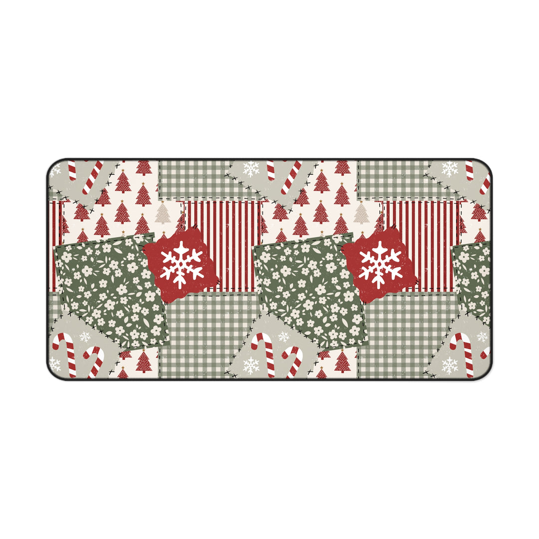 Christmas Patchwork Desk Mat, Red and Sage Floral Gingham Desk Pad, Holiday Large Mouse Pad