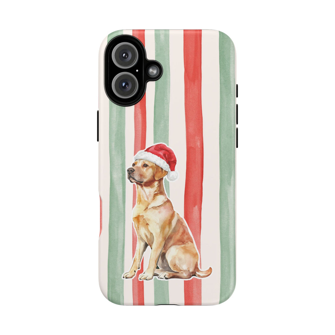 Yellow Labrador Christmas Tough iPhone Case, Red Sage Stripes, Santa Dog Phone Cover