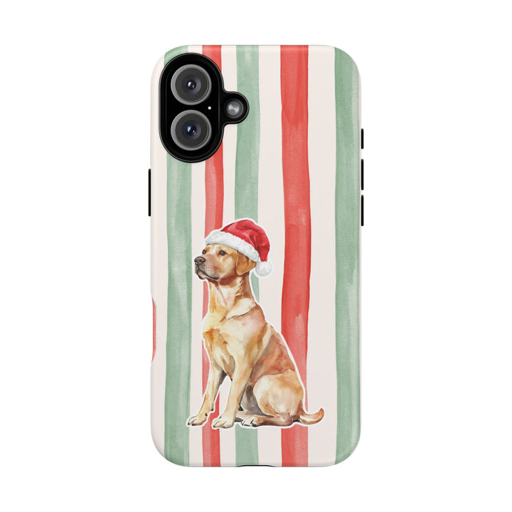 Yellow Labrador Christmas Tough iPhone Case, Red Sage Stripes, Santa Dog Phone Cover