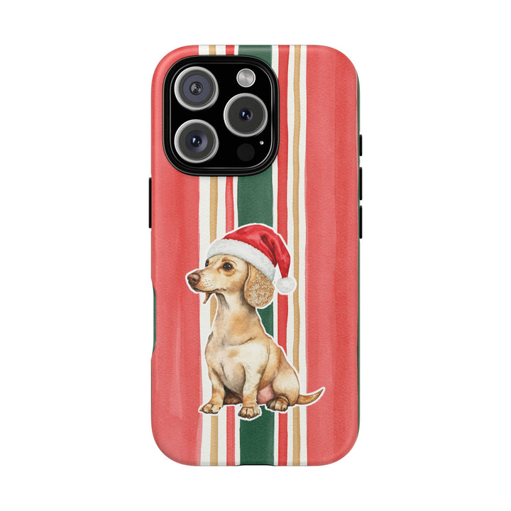 Dachshund Christmas Tough iPhone Case, Classic Red Green Stripes, Santa Dog Phone Cover