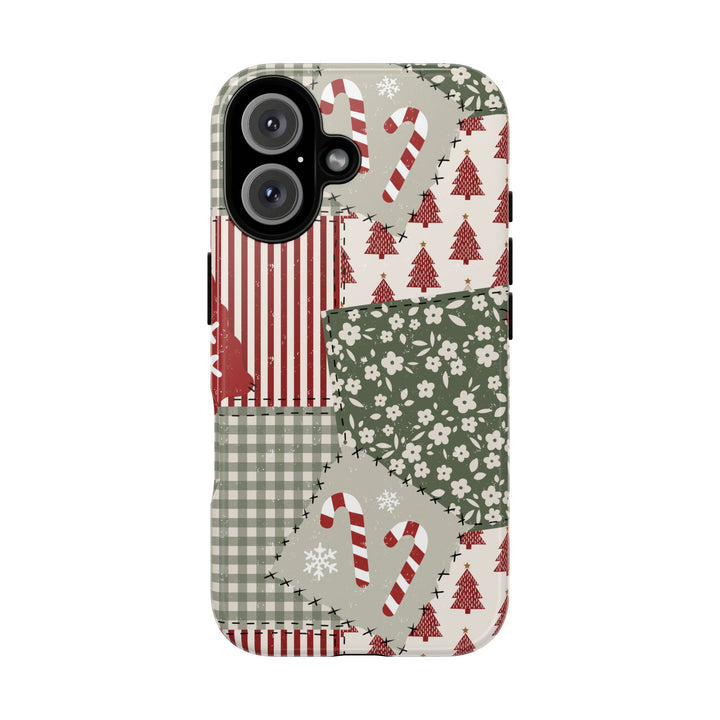 Christmas Patchwork Tough iPhone Case, Red Sage Floral Gingham Holiday Phone Cover, Matte or Glossy