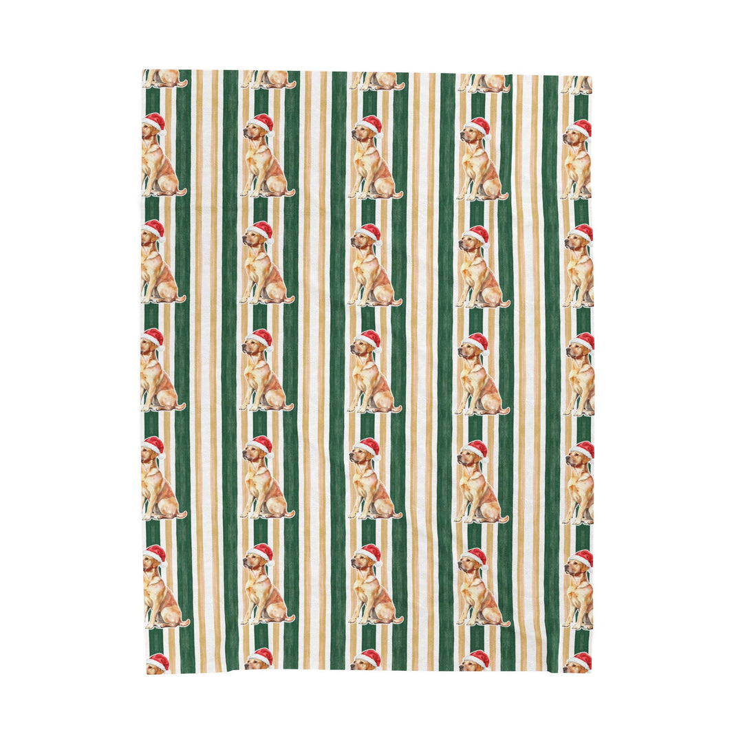 Yellow Labrador Christmas Velveteen Plush Blanket, Green Gold Stripes, Santa Dog Throw