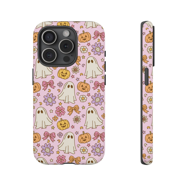 Vintage Ghost Floral Tough iPhone Case, Pink Halloween Pumpkin Bow Phone Cover, Matte or Glossy