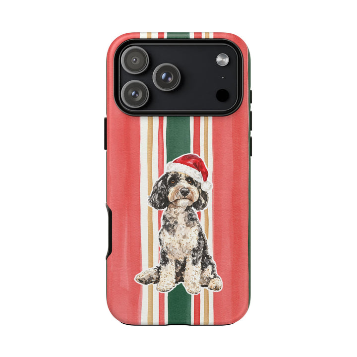 Doodle Christmas Tough iPhone Case, Classic Red Green Stripes, Santa Dog Phone Cover