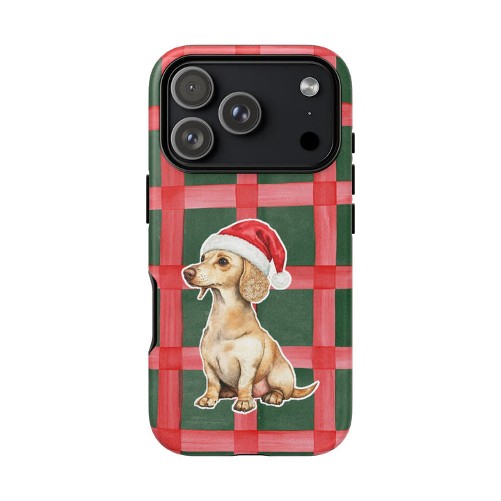 Dachshund Christmas Tough iPhone Case, Red Green Plaid, Santa Dog Phone Cover