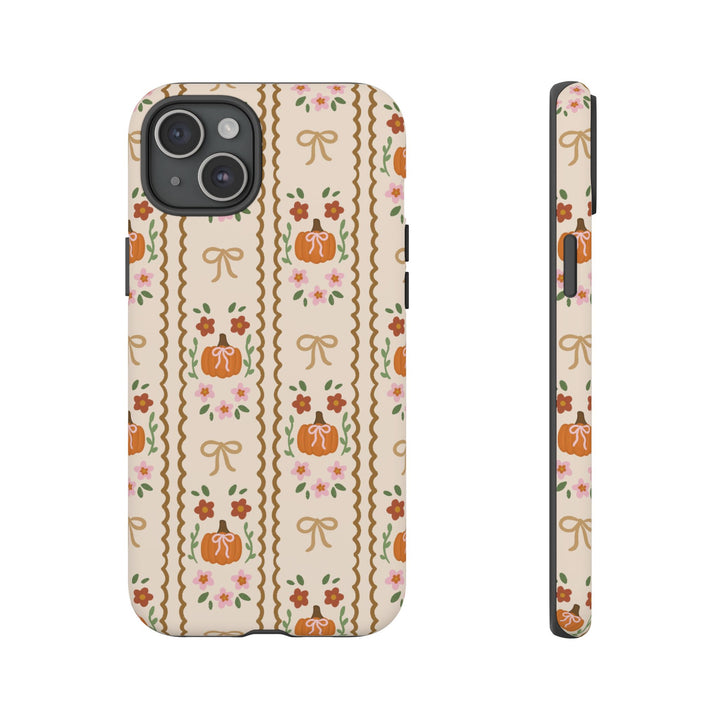 Girly Fall Pumpkin Bow Tough iPhone Case, Scalloped Floral Autumn Phone Cover, Matte or Glossy