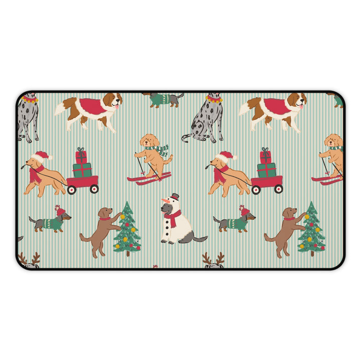 Christmas Dogs Desk Mat, Green Stripe Holiday Dog Desk Pad, Festive Office Decor