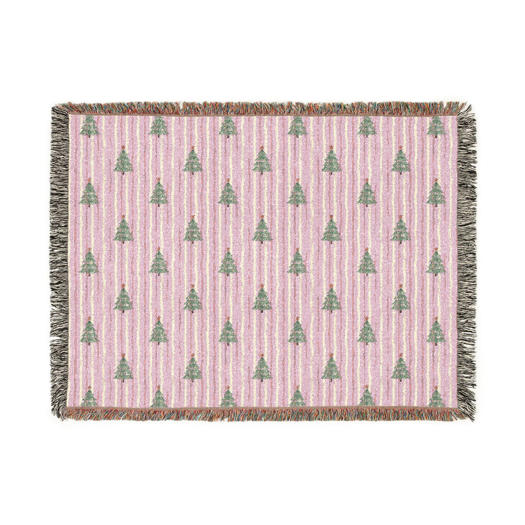 Pink Watercolor Christmas Tree Woven Blanket, Striped Cotton Throw, Pastel Holiday Sofa Decor