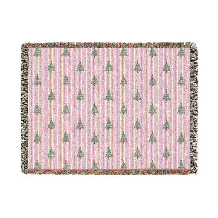 Pink Watercolor Christmas Tree Woven Blanket, Striped Cotton Throw, Pastel Holiday Sofa Decor