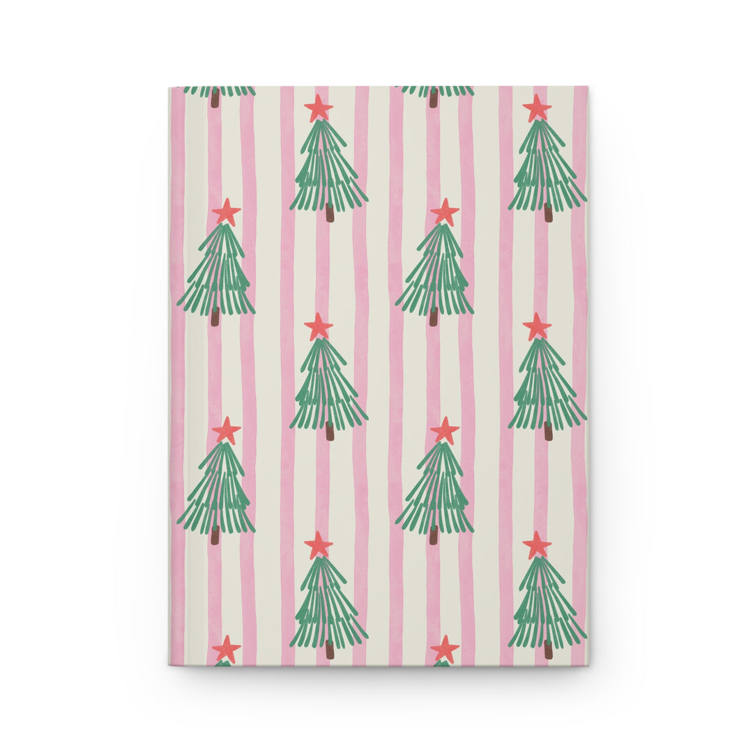 Retro Christmas Tree Hardcover Notebook, Pink Stripe Lined Journal, Cute Holiday Stationery Gift
