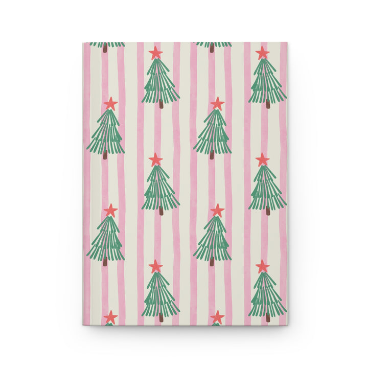 Retro Christmas Tree Hardcover Notebook, Pink Stripe Lined Journal, Cute Holiday Stationery Gift
