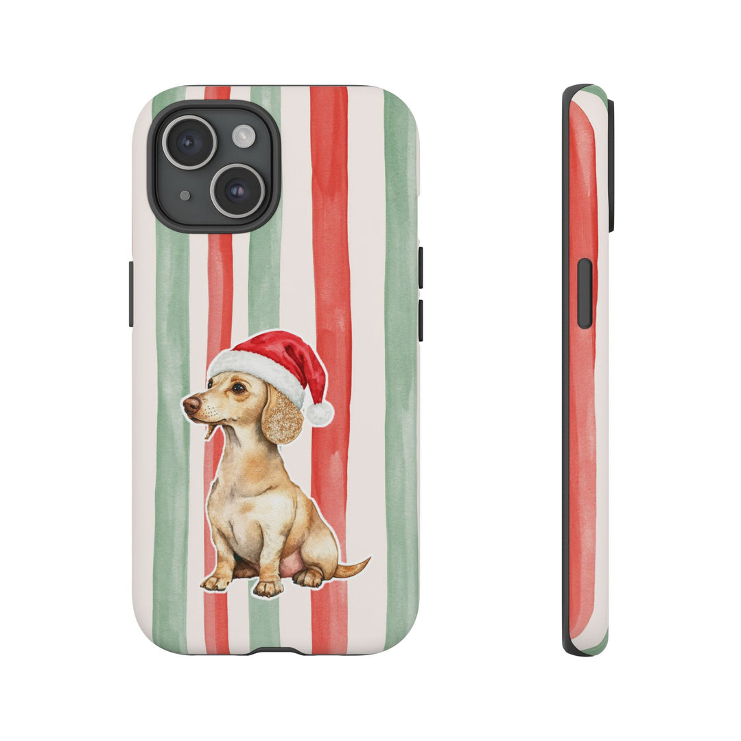 Dachshund Christmas Tough iPhone Case, Red Sage Stripes, Santa Dog Phone Cover