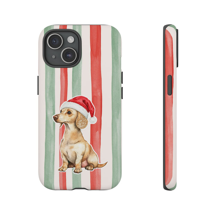 Dachshund Christmas Tough iPhone Case, Red Sage Stripes, Santa Dog Phone Cover