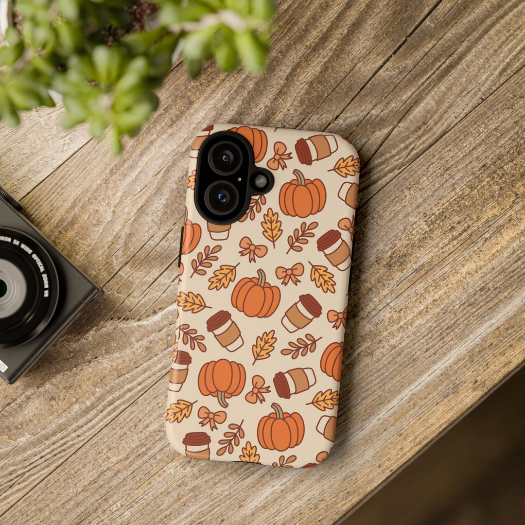 Pumpkin Coffee Tough iPhone Case, Fall Leaves and Bows Autumn Phone Cover, Matte or Glossy