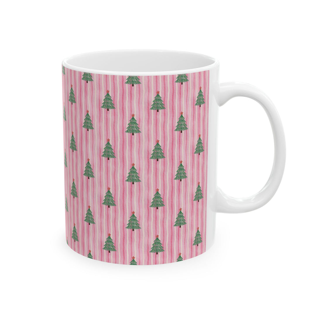 Pink Watercolor Christmas Tree Ceramic Mug, Striped Holiday Coffee Cup, Pastel Christmas Gift, 11oz and 15oz