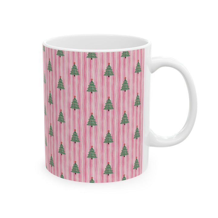 Pink Watercolor Christmas Tree Ceramic Mug, Striped Holiday Coffee Cup, Pastel Christmas Gift, 11oz and 15oz