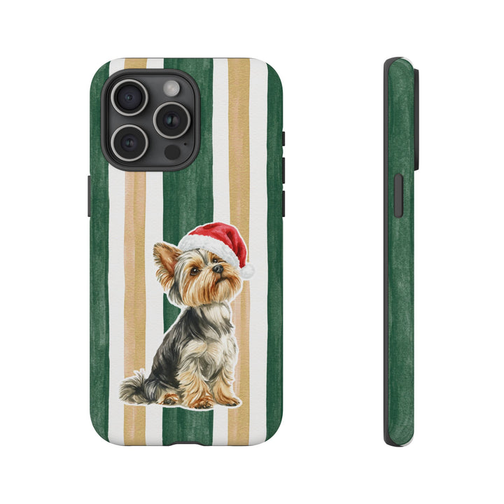 Yorkshire Terrier Christmas Tough iPhone Case, Green Gold Stripes, Santa Dog Phone Cover