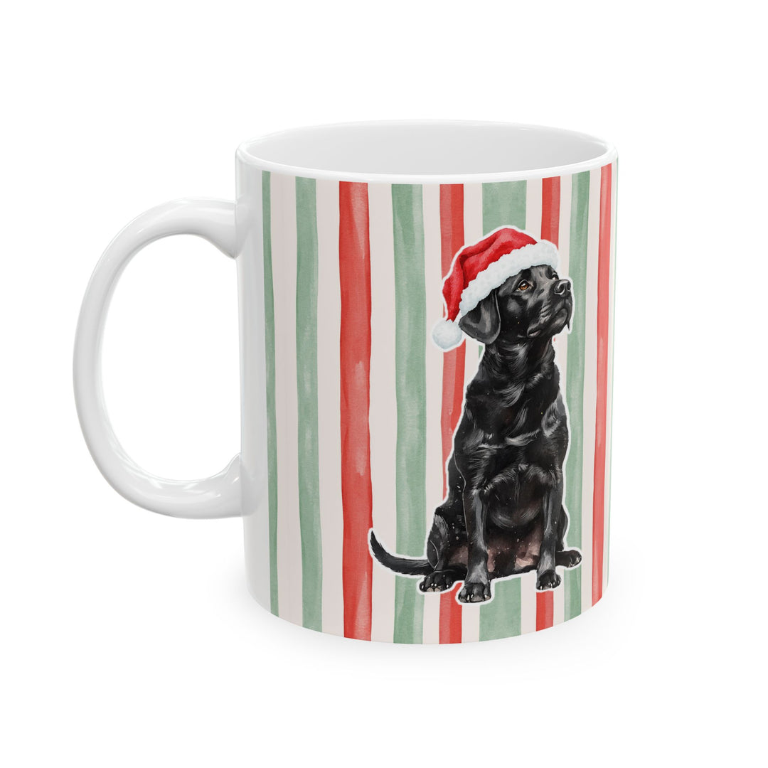 Black Labrador Christmas Mug, Red Sage Stripes, 11oz White Ceramic