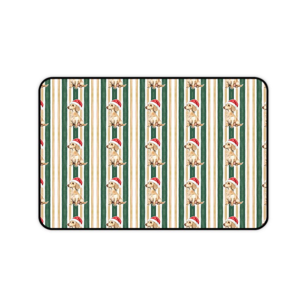 Dachshund Christmas Desk Mat, Green Gold Stripes, Santa Dog Desk Pad