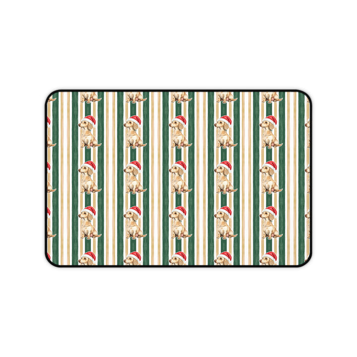 Dachshund Christmas Desk Mat, Green Gold Stripes, Santa Dog Desk Pad