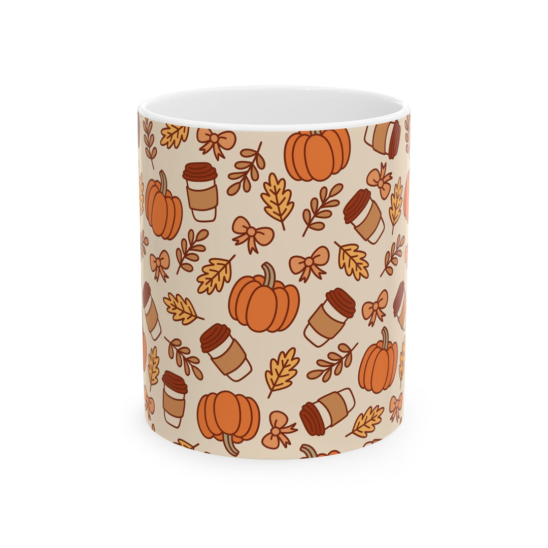Fall Coffee Pumpkin Ceramic Mug, Autumn Bow and Leaf Coffee Cup, Pumpkin Spice Lover Gift, 11oz and 15oz