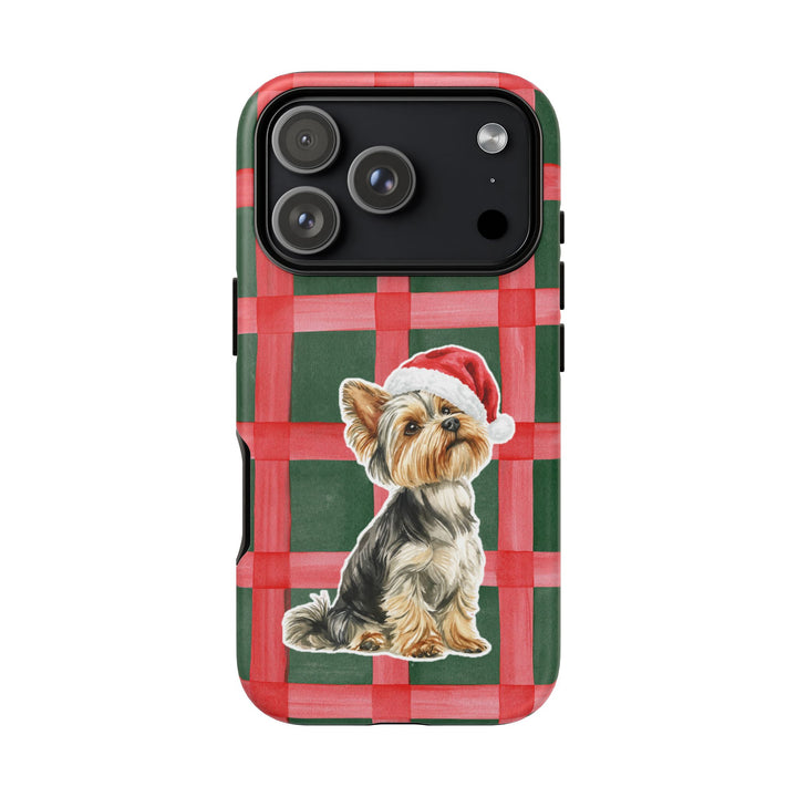 Yorkshire Terrier Christmas Tough iPhone Case, Red Green Plaid, Santa Dog Phone Cover