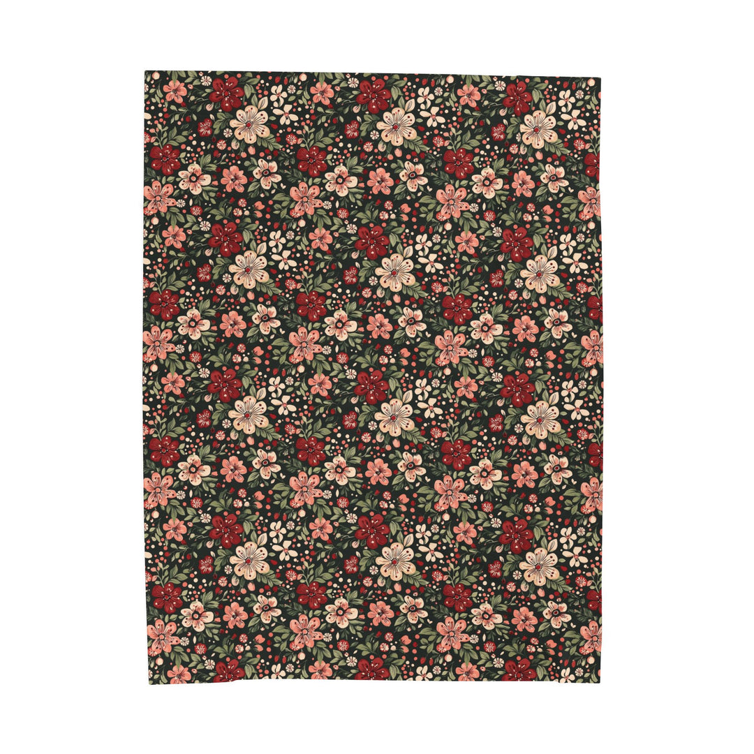 Retro Floral Velveteen Plush Blanket, Red Pink Flower Holiday Throw, Dark Botanical Christmas Gift