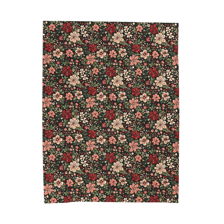 Retro Floral Velveteen Plush Blanket, Red Pink Flower Holiday Throw, Dark Botanical Christmas Gift