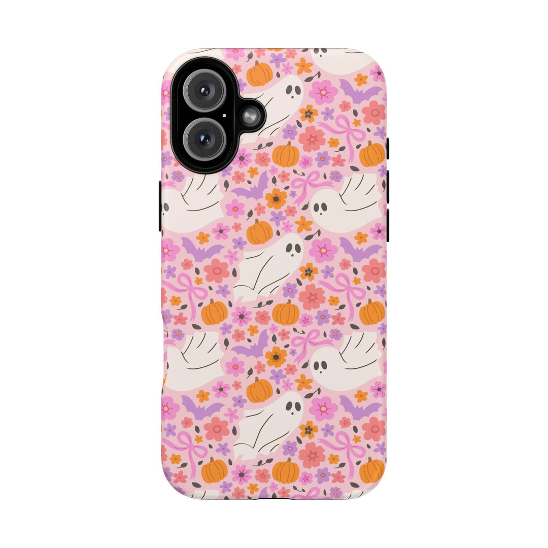 Pink Floral Ghost Tough iPhone Case, Cute Halloween Pumpkin Bat Phone Cover, Matte or Glossy
