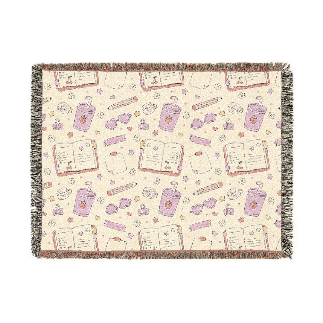 Pink Stationery Woven Blanket, Planner and Pencil Cotton Throw, Back to School Gift, Cozy Study Room Decor