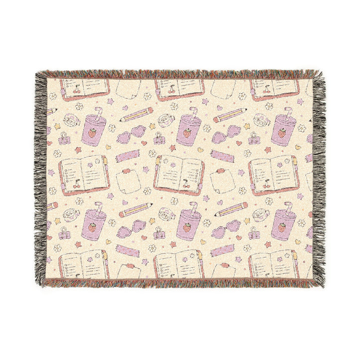 Pink Stationery Woven Blanket, Planner and Pencil Cotton Throw, Back to School Gift, Cozy Study Room Decor