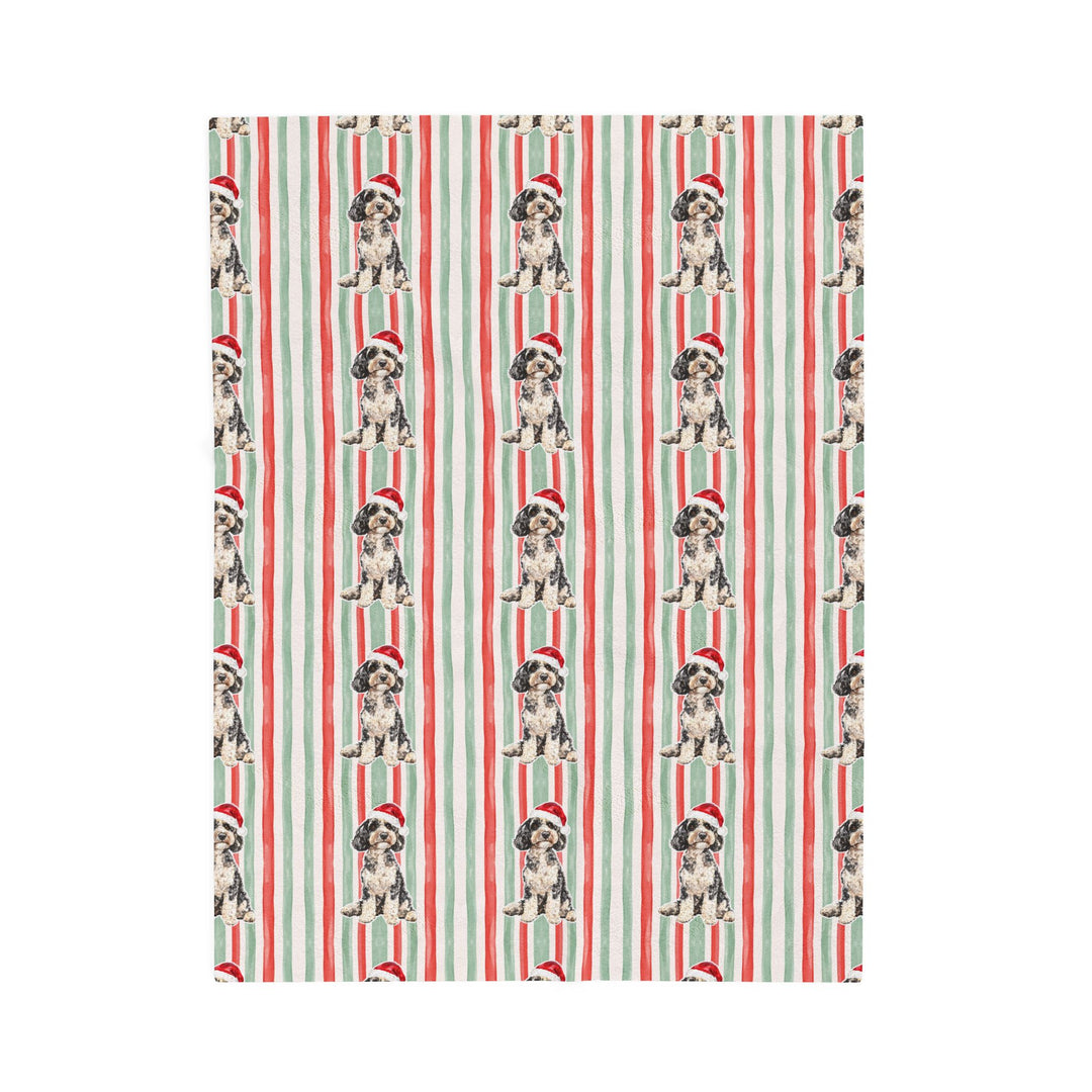 Doodle Christmas Velveteen Plush Blanket, Red Sage Stripes, Santa Dog Throw