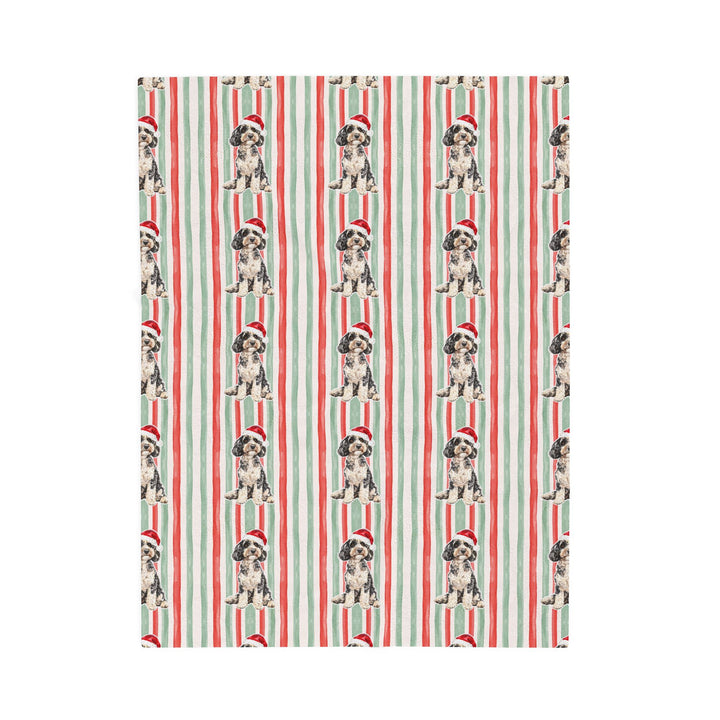 Doodle Christmas Velveteen Plush Blanket, Red Sage Stripes, Santa Dog Throw