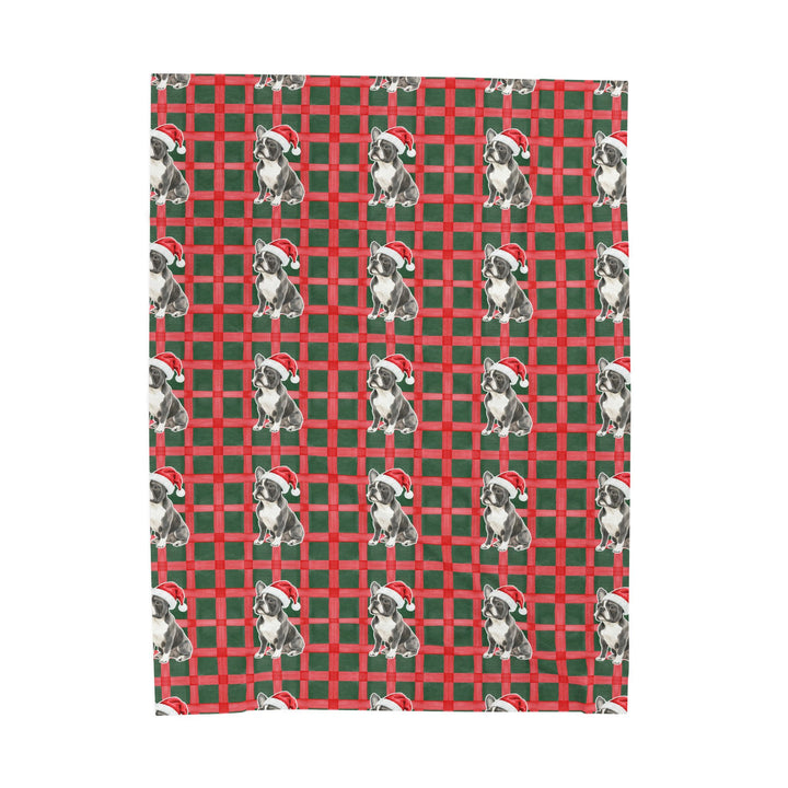 French Bulldog Christmas Velveteen Plush Blanket, Red Green Plaid, Santa Dog Throw