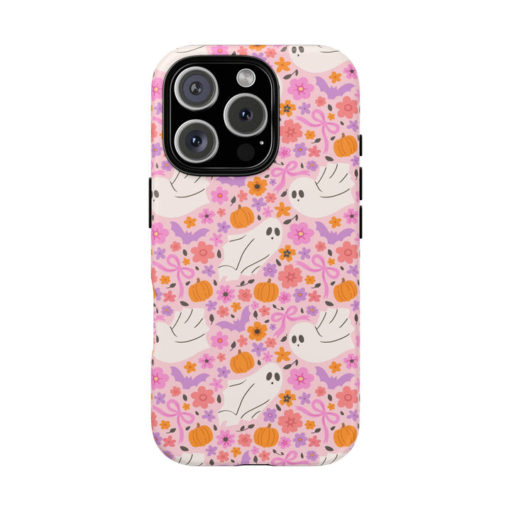 Pink Floral Ghost Tough iPhone Case, Cute Halloween Pumpkin Bat Phone Cover, Matte or Glossy