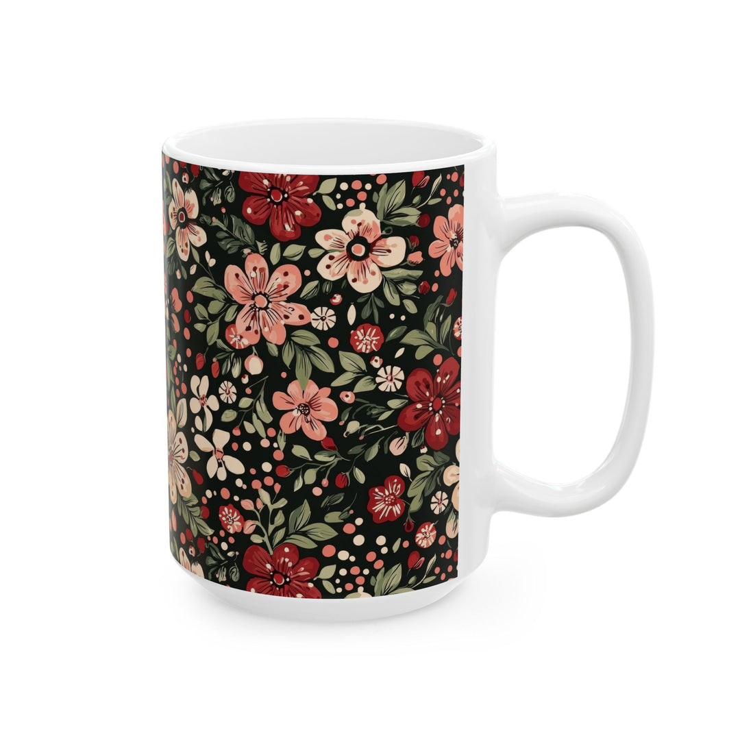 Retro Floral Ceramic Mug, Dark Botanical Coffee Cup, Pink Red Flower Tea Mug, Christmas Gift, 11oz 15oz