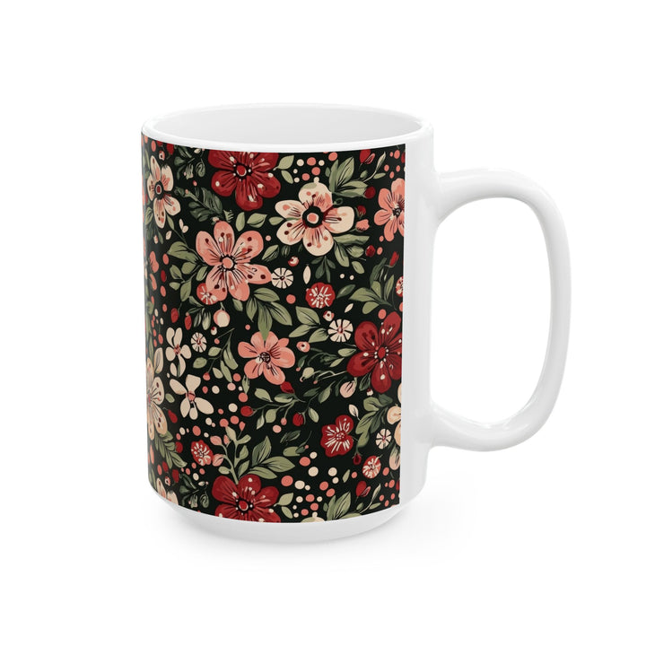 Retro Floral Ceramic Mug, Dark Botanical Coffee Cup, Pink Red Flower Tea Mug, Christmas Gift, 11oz 15oz