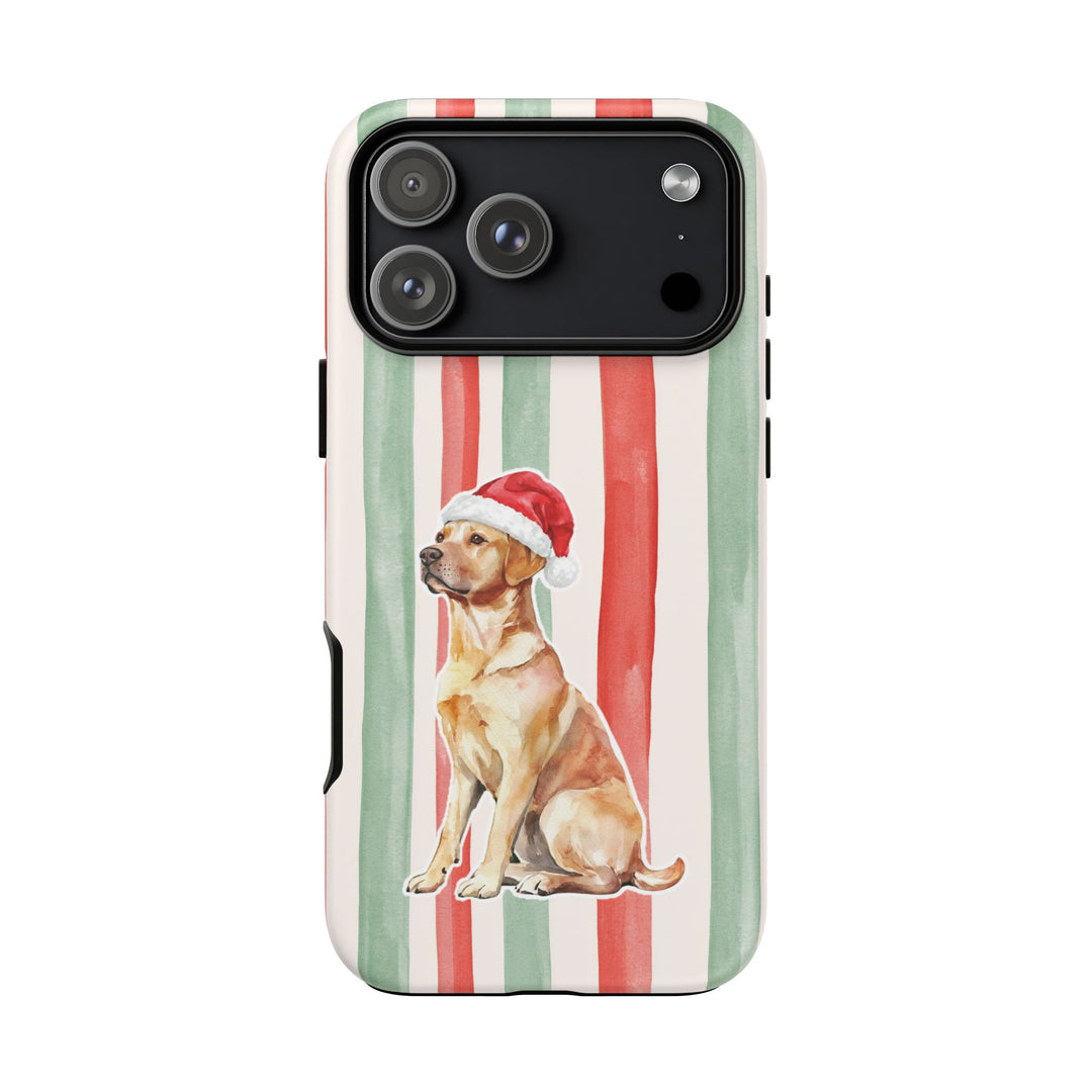 Yellow Labrador Christmas Tough iPhone Case, Red Sage Stripes, Santa Dog Phone Cover