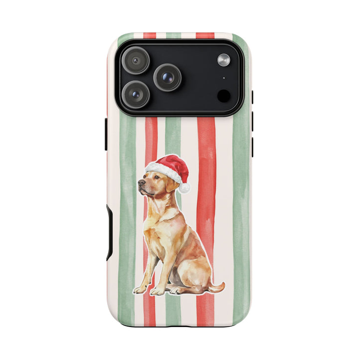Yellow Labrador Christmas Tough iPhone Case, Red Sage Stripes, Santa Dog Phone Cover