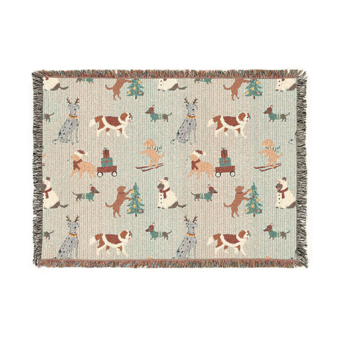 Christmas Dog Woven Blanket, Green Stripe Cotton Throw, Festive Puppy Decor, Dog Lover Holiday Gift
