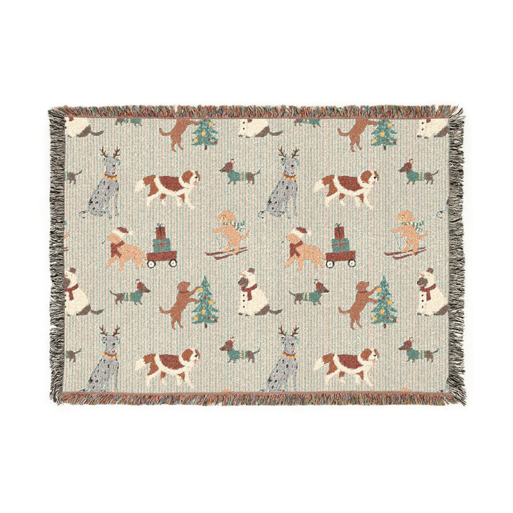 Christmas Dog Woven Blanket, Green Stripe Cotton Throw, Festive Puppy Decor, Dog Lover Holiday Gift