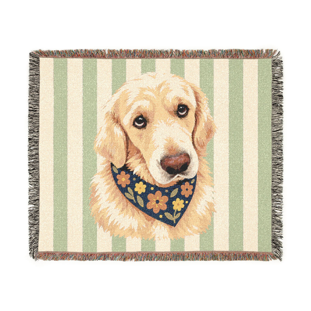Custom Dog Portrait Woven Blanket - Sage Green and Cream Stripes, Floral Bandana Pet Throw, 60 x 50